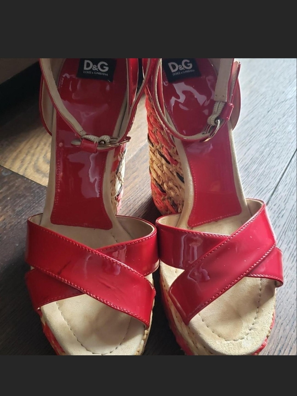 D&G Red Patent Leather Wedge Sandals with Woven Platform